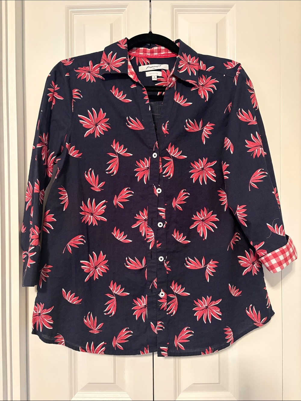 Foxcroft Navy Blouse with Red-Pink Floral Print